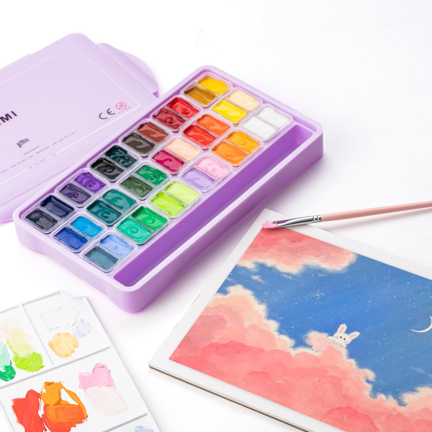 HIMI Twin Cup Jelly Gouache Paint Set with 3 Paint Brushes, 36 Colors 12g, Jelly Cup Design, Non Toxic Paint for Canvas and Paper, Art Supplies for Professionals (Purple Case)