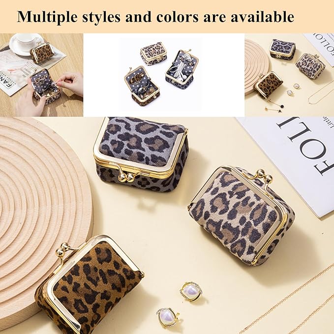 Genuine Leather Mini Jewelry Box, Small Portable Jewelry Organizer Box，Vintage-Inspired Travel Jewelry Case Organizer Kiss Lock for Women for Earring/Ring/Necklace/Bracelet (Golden S 2.56in)