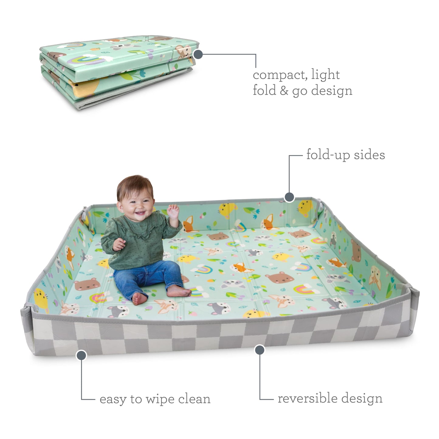 Infantino Foldable Soft Foam Play Mat, 57" Baby Mat for Floor Time, Lightweight, Easy to Store, Wipeable, Animals