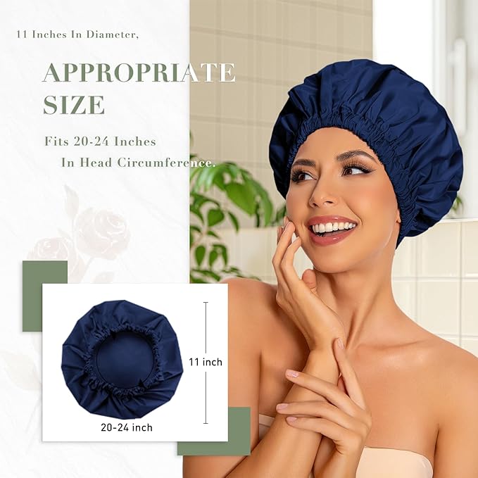 Reusable Shower Cap for Women, Large Waterproof Shower Bonnet with Elastic Band, Washable Bath Hair Cap for Long, Curly Hair, Braids, Daily Shower, Home Spa, Travel(Navy)