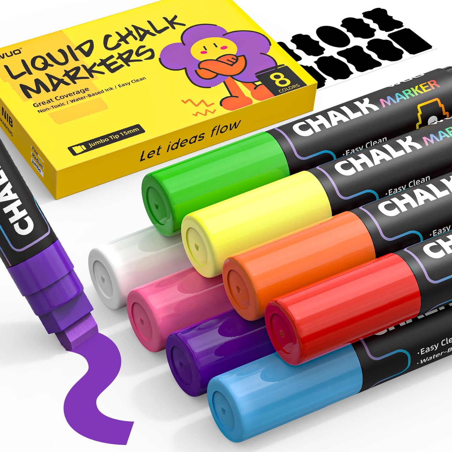 WUO Window Chalk Markers, 8 Colors Jumbo Liquid Chalk Marker with 15mm 3 in 1 Nib, Washable Chalkboard Markers for Blackboard, Car Auto, Bistro, Glass and various DIY arts and crafts.