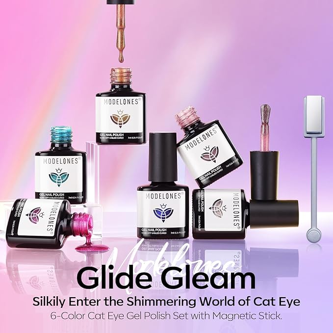 Modelones Cat Eye Gel Nail Polish Set, 6 Colors Coloful Neon Galaxy Champagne Lake Blue Grape Purple Gold Brown Hot Pink 9D Glassy Cat Eye Glitter Gel Polish with Magnet LED Soak Off Manicure Gift