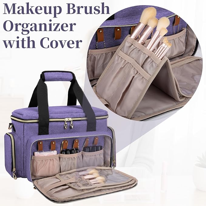 GDNasist Large Makeup Bag, Portable Travel Makeup Bag Organizer for Women Girls with 2 Removable Pouches & Detachable Dividers, Cosmetic Travel Bag, Toiletry Bag for Makeup and Hair Supplies, Purple