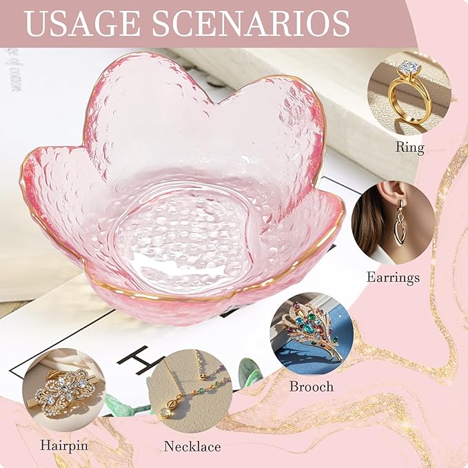 Gifts for Women Trinket Dish Flower Jewelry Dish Pink Glass Ring Holder Jewellery Tray Cute Room Decor Aesthetic Bedroom Accessories Unique Birthday New Home Christmas Gifts for Women Friends (2 pcs)