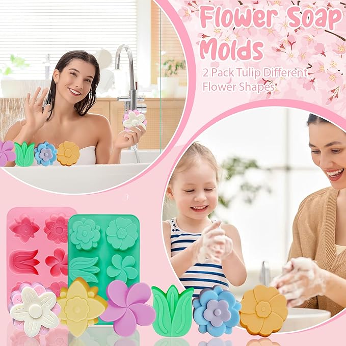 2 Pack Flower Silicone Soap Molds Tulip Daisy Flower Mold for Soap Making Daisy Molds for Chocolate Baking Cake Pops Floral Silicone Candle Candy Cake Mold Polymer Clay Resin Ice Cube Jello Mould