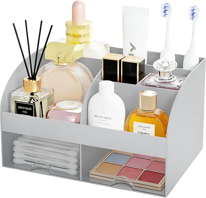 Makeup Organizer with 2 Drawers, Cosmetic Storage for Dresser Vanity and Bathroom Countertop,Make up organization and Skincare Storage with Beauty Brush Holder, Cosmetic Display Case (Grey)