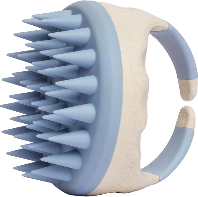 Hair Shampoo Brush and Scalp Exfoliator - Soft Silicone Scalp Massager Hair Growth Stimulator for Wet or Dry Hair - In Shower Scalp Scrubber for Dandruff Removal Made with Recycled Wheat Straw - Blue