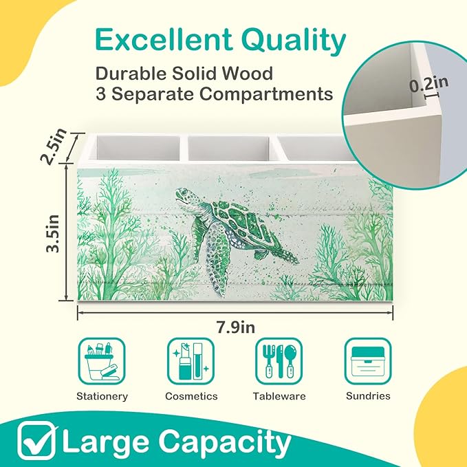 Sea Turtle Coastal Pen Holder for Home Office Desk, Beach Office Decor, Beach Turtle Makeup Brush Toothbrush Holder Organizer for Bathroom Desk Accessories(Green)