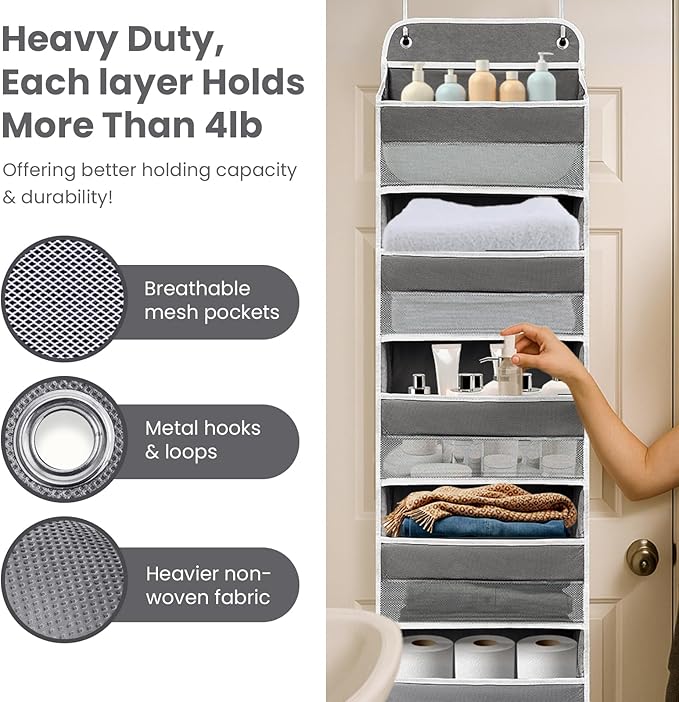 Ease of Assembly Over The Door Organizer,6 Tiers Anti Tilt Hanging Behind Door Storage, Heavy-Duty Reinforced Mesh Rack Holds 44lb for Bathroom,Pantry, Nursery,Closet, Shoes, Towels,Dark Grey