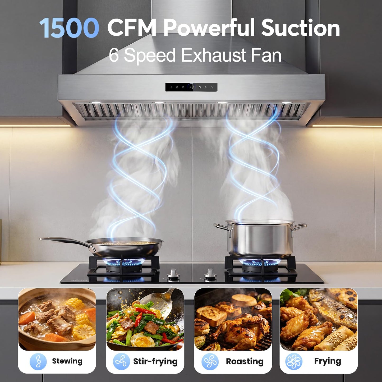 [Upgrade DC Motor] 48 Inch Range Hood Wall Mount, 1500 CFM with 6-Speed Gesture Sensing & Touch Control, Stainless Steel Ducted Kitchen Stove Vent Hoods with 4 Adjustable LED, Auto Delay Shut-Off