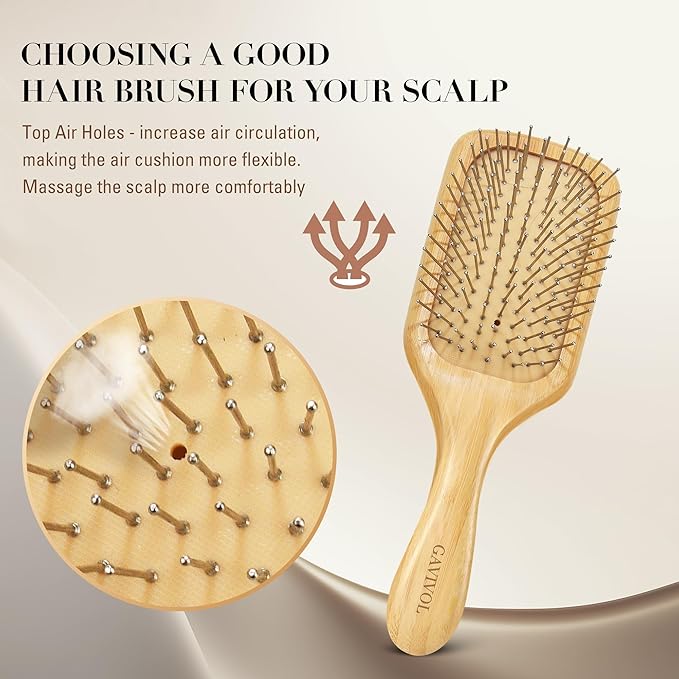 Bamboo Paddle Hair Brush with Metal Bristles Ã¢ÂÂ Boar Bristle Alternative, Anti-Static Detangling & Scalp Massage for Hair Growth Wood Handle All Hair Types for Women, Men & Kids, Wet Brush