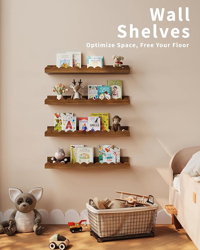 Shario Nursery Book Shelves, 4-Pack Walnut Brown,Floating Shelves for Wall Kids, Scalloped Shelves, Wall Book Shelves for Bedroom Kids, Toddler Room, Baby Room, Nursery Decor