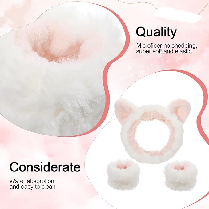 Headbands for Women, Elastic Spa Headband with 2pcs Wristband Set, Cute Plush Cat Ears Puffy Head Band Makeup Hair Band for Washing Face Skincare Yoga Facial Mask(White)