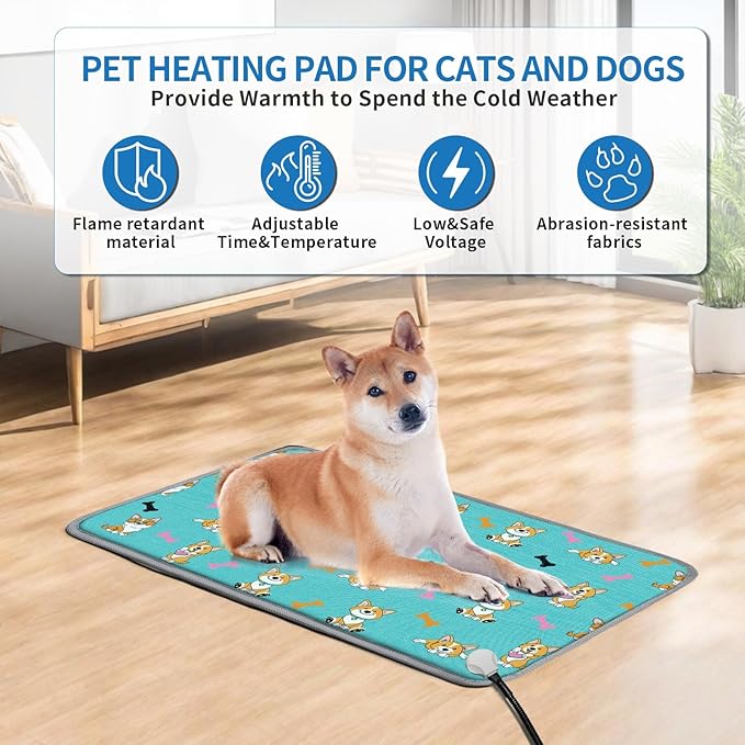 Dog Heating Pad 28×18 in Waterproof Heated Dog Bed,Smart Thermostat Switch with Normally Open On Function,Puppy Heating Pad with Metal Protective Tubes Added-Blue