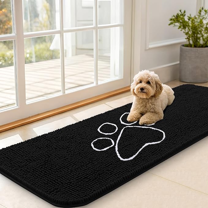OLANLY Dog Door Mat for Muddy Paws 59x20, Paw Print Design, Absorbs Moisture and Dirt, Absorbent Non-Slip Washable Doormat, Quick Dry Chenille Mud Mat for Dogs, Entry Indoor Entryway Carpet, Black
