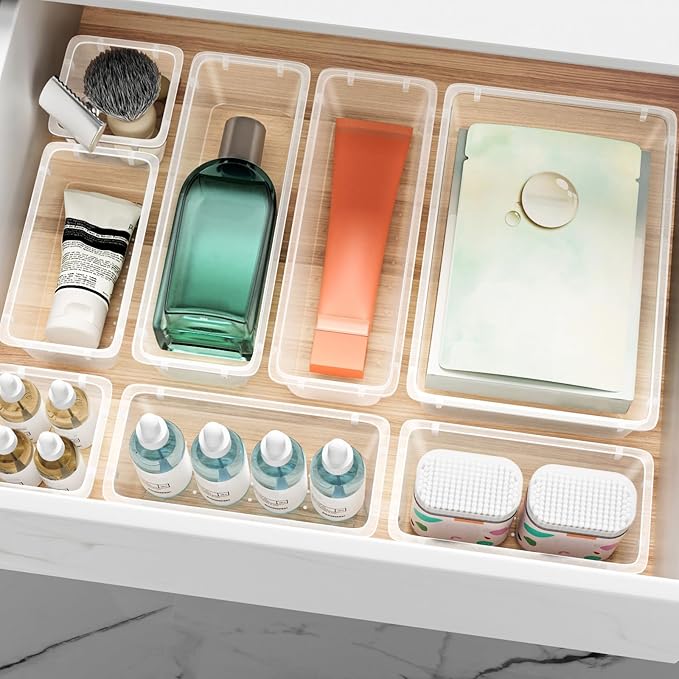 24 PCS Drawer Organizer Set, 4 Sizes Tool Storage Trays, Clear Plastic Makeup Vanity Organizer and Storage Bins for Makeup, Stationeries, Multiple Gadgets for Bathroom, Office, Bedroom