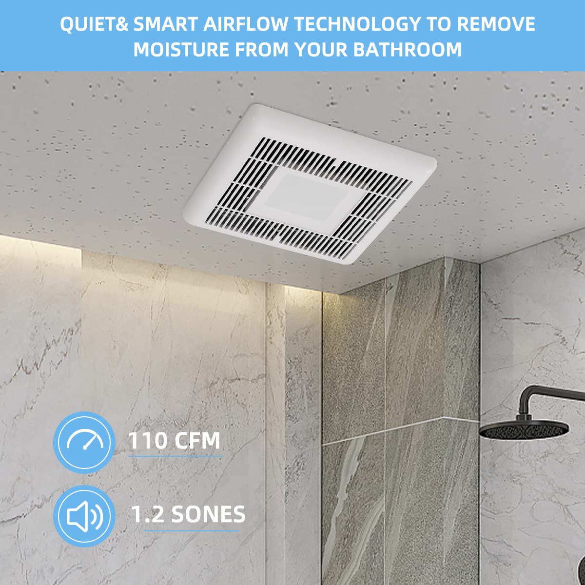 Tech Drive Bathroom Fan with Light 110 CFM, 1.2Sone No Attic access Needed Installation,Very Quiet Bath Ventilation and Exhaust Fan with LED Light 4000K 800LM, 4inch Duct,White Plastic Grille