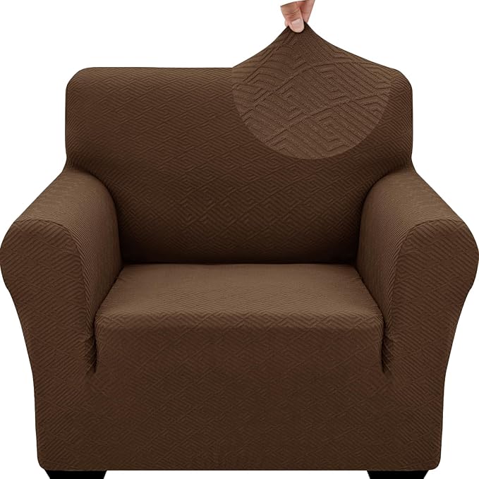 ZNSAYOTX 1 Piece Jacquard Chair Slipcovers for Living Room High Stretch Chair Covers with Arms Anti Slip Pets Friendly Couch Sofa Armchair Cover Furniture Protector (Small, New Pattern Coffee)