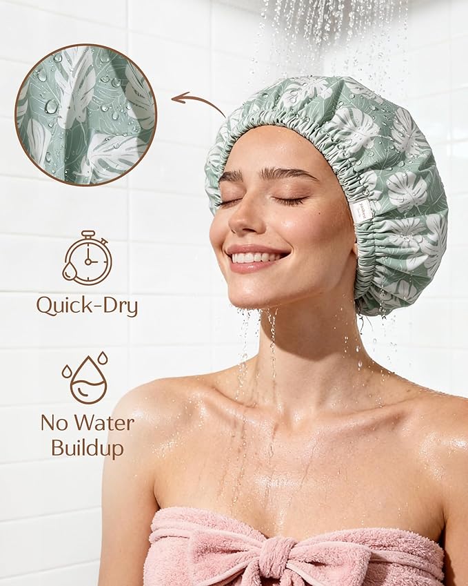 Yanibest Satin Lined Shower Cap for Women Reusable Waterproof, Frizz Free & Large Bath Cap with Soft Elastic Band, Luxury Hair Protection Caps (Green Leaves)