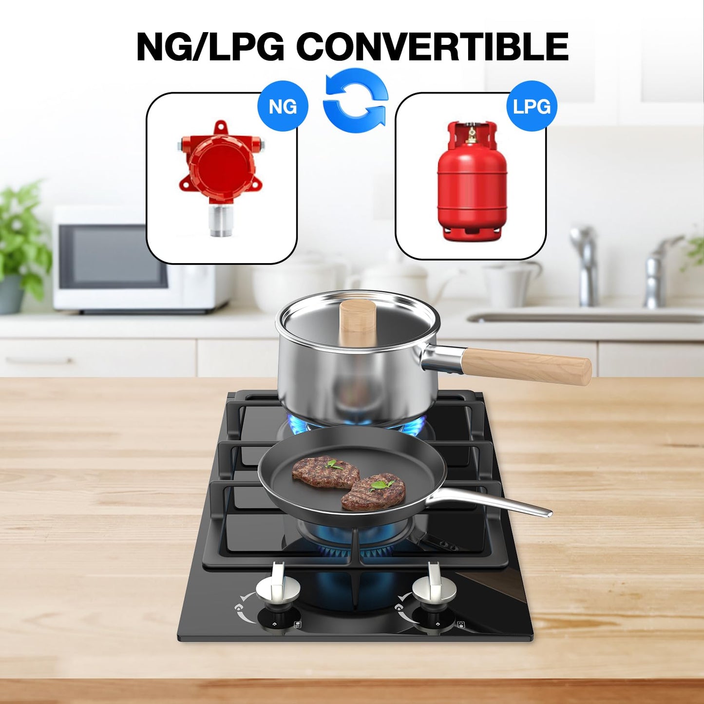 Gas Stove 2 Burner Propane Cooktop 12 inch, Nafewin Tempered Glass Portable Gas Cooktop Stove Burner with Thermocouple Protection, Lpg/Ng Dual Fuel Built-in Hob for Apartments, Outdoor, Rvs