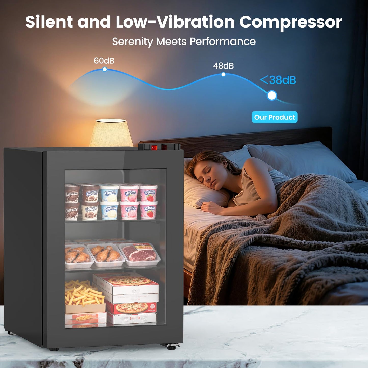 Kndko 2.4 Cu Ft Mini Freezer with Display Glass Door, 7 Adjustable Temperature Settings -10°F to -18°F, Upright Small Freezer With Removable Shelves Perfect for Ice Cream
