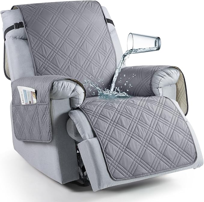 TAOCOCO 100% Waterproof Recliner Chair Cover, Small Recliner Covers for Recliner Chair with Pocket, Non Slip Reclining Chair Cover Furniture Protector for Kids, Pets(20'', Gray)