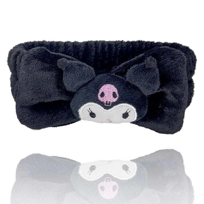 Kawaii Cartoon Headband, Cute Anime Spa Band for Women face Washing Makeup Skincare, Soft Microfiber Coral Shower Fluffy Towel Hairband for Girls (Bkuro)
