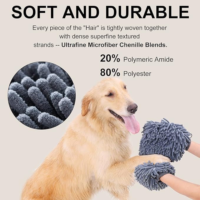 DogLemi Dog Dry Bath Gloves, Dog Washing Quick Drying Paw Towel, Chenille Microfiber Pet Dirty Dogs Grooming Glove for Large Medium Small Pet, Super Absorbent, Machine Washable 2 Pack