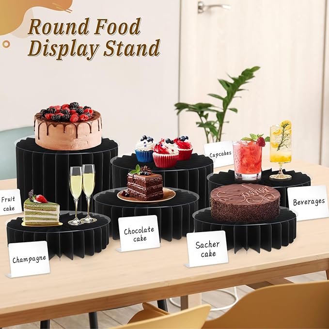 6Pcs Buffet Risers, Food Risers for Table, Foldable Cake Display Stands, Tall Cardboard Cupcakes Stand for Show Catering Desserts Jewelry Wedding Birthday Party Decoration (Black)