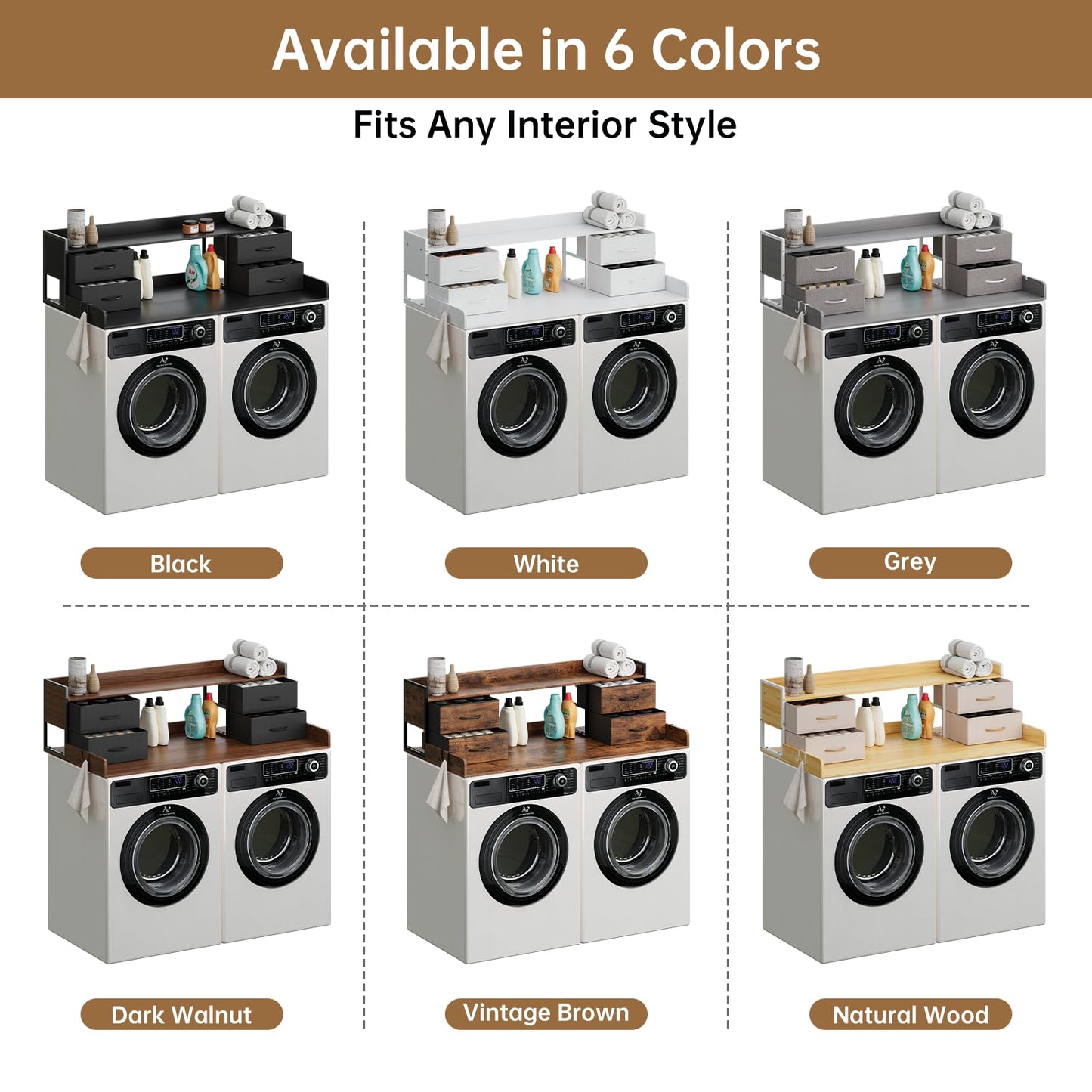 4 Drawers Washer Dryer Countertop with Shelf, 27.5" D x 54" W Laundry Topper with 3.54" High Guardrails and Non-Slip Pads,Extra Storage Organizer for Over Washer and Dryer, Holds 66 Lbs, Light Grey