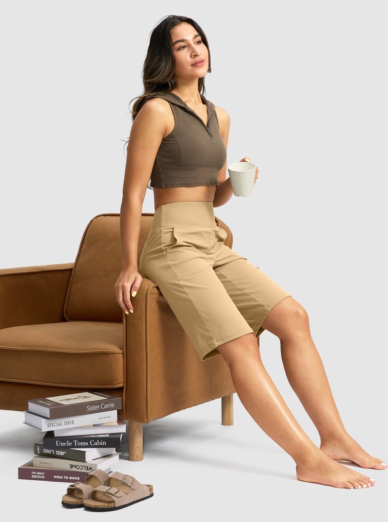Women's Bermuda Shorts 12" Knee Length with Pockets High Waisted Stretch Long Shorts for Women Casual Walking (Khaki, L)