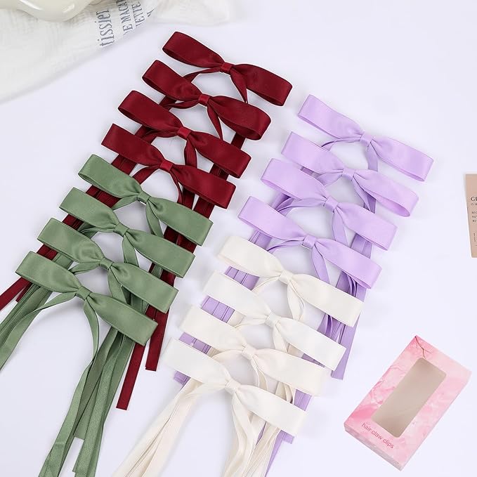 Hair Bows Clips Coquette Ribbon Bowknot with Long Tail Princess Hair Bows French Barrettes Hair Accessories for Women Girls 16PCS (Wine Red, Beige, Green, Purple)