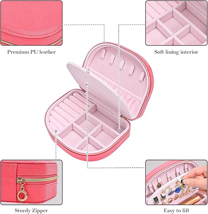 ProCase Travel Size Jewelry Box, Medium Portable Seashell-Shaped Jewelry Case, 2 Layer Jewelry Organizer in PU Leather for Women -Melon Pink