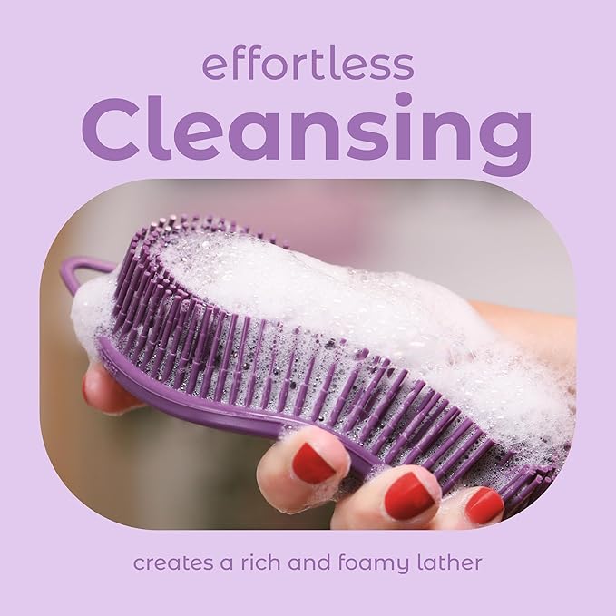 MainBasics Silicone Body Scrubber Dual-Sided Shower Loofah and Massaging Nodes (Purple, Massage)