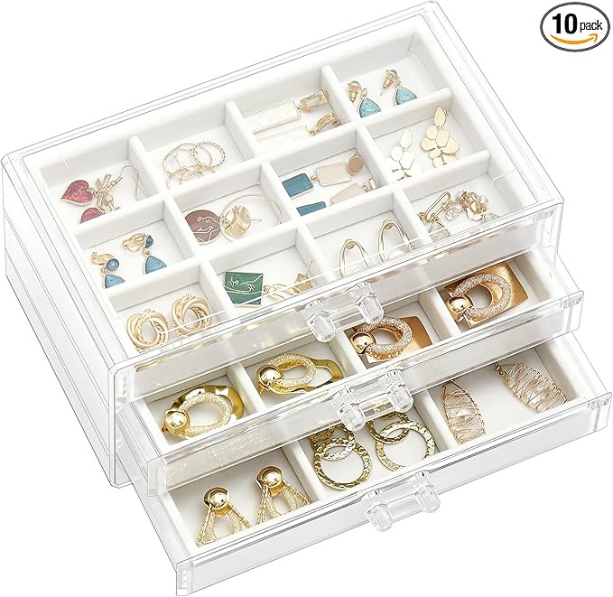 ProCase Earring Holder Organizer Jewelry Box with 3 Drawers, Acrylic Clear Earring Case with Adjustable Velvet Trays for Women - Warmwhite, 3 Layers