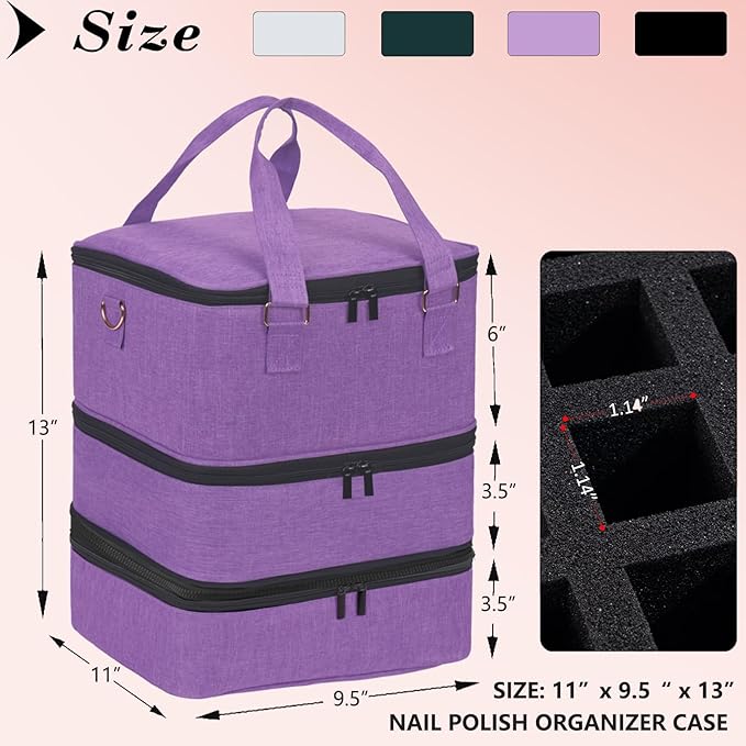 Large Nail Polish Organizer Case Hold 84+ Bottles Nail Polish & Nail Lamp, 3 Layers Nail Organizers and Storage for Nail Tech with Divider, Travel Carrying Case(Purple)