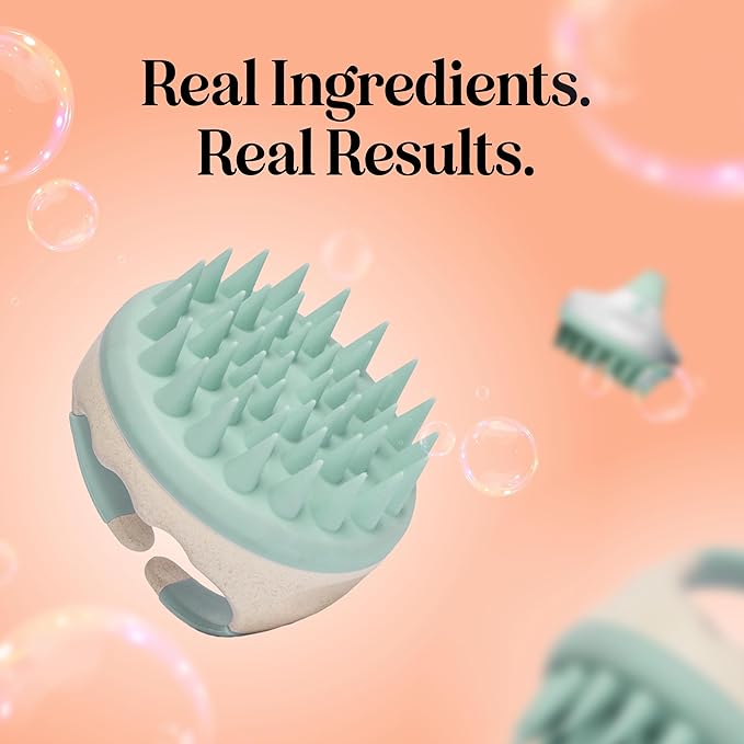 Hair Shampoo Brush and Scalp Exfoliator - in Shower Scalp Scrubber for Dandruff Removal & Growth Stimulator for Wet or Dry Hair - Soft Silicone Scalp Massager Made with Recycled Wheat Straw - Green