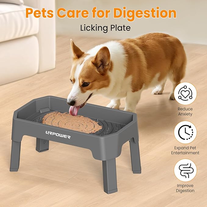 URPOWER 3-in-1 Elevated Dog Bowls - Mess Proof Double Deck 4 Height Adjustable Raised Stand with 2 Stainless Steel Food Bowls and Licking Plate for Small Medium & Large Dogs