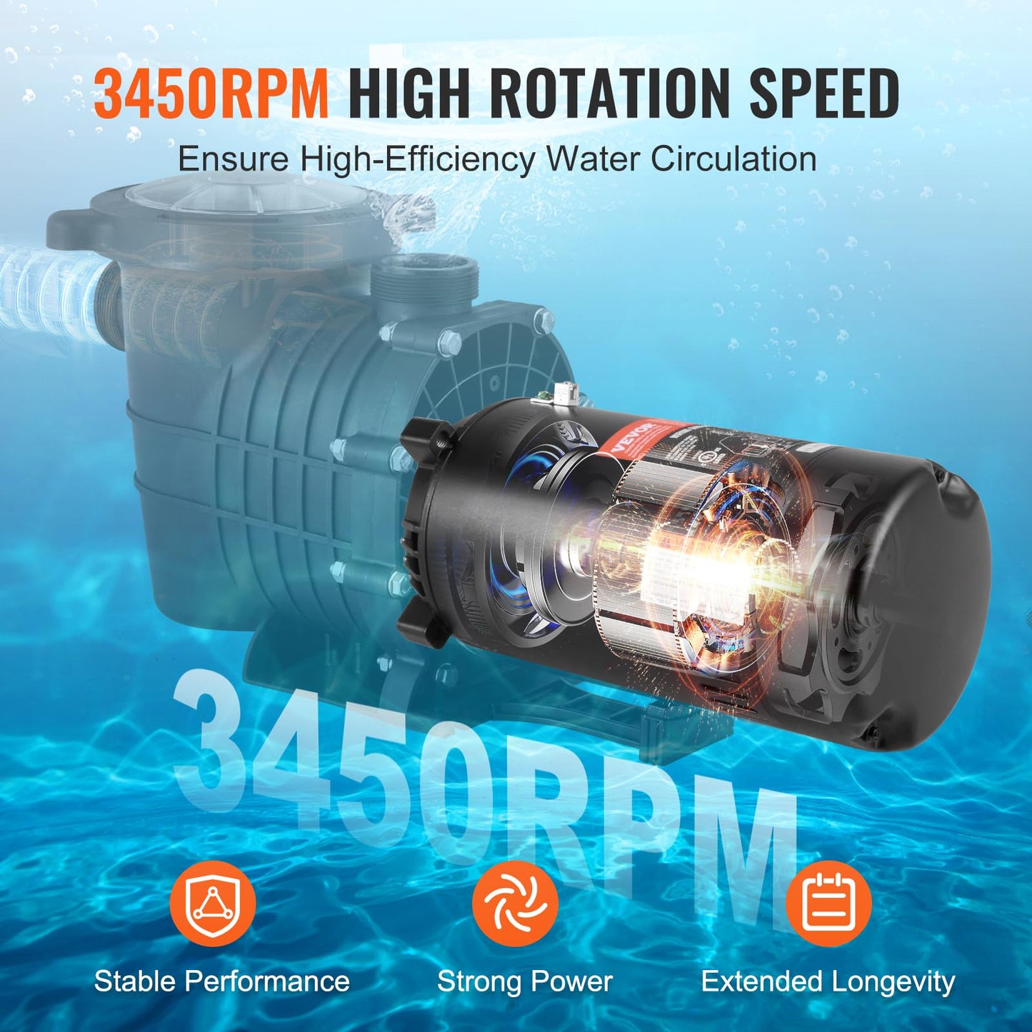 VEVOR 1.5 HP Pool Pump Motor, 56J Frame, 115V(13.6 Amps)/230V(6.8 Amps) 3450 RPM, 60Hz, 1.3 Service Factor, 90μF/250V Capacitor, CCW Rotation Round Flange Replacement Motor
