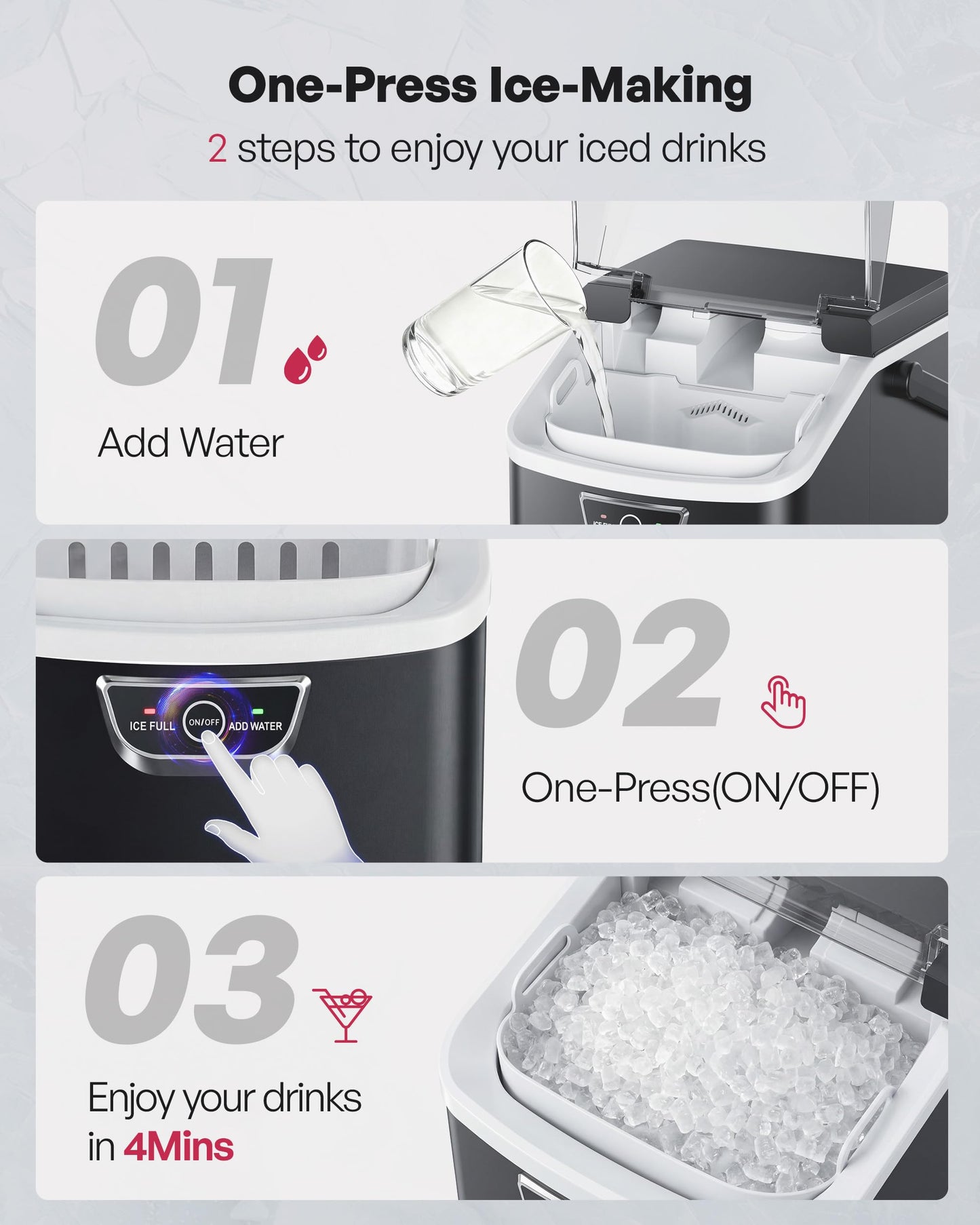 ICYGLEE Nugget Ice Maker Countertop with Handle, Ready in 4 Mins, Max 40lbs/24H, Chewable Ice, Self-Cleaning, Portable Sonic Ice Maker with Basket and Scoop, for Home/Party/RV/Camping (Black)