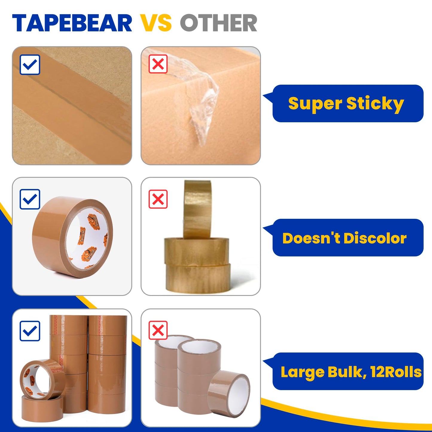 TAPEBEAR Brown Packing Tape with Dispenser, 2.6mil Thick, 1.88" x 55Yard Secure Sticky Brown Tape Heavy Duty Packaging Tape Refills for Carton Sealing, Shipping, Mailing & Storage