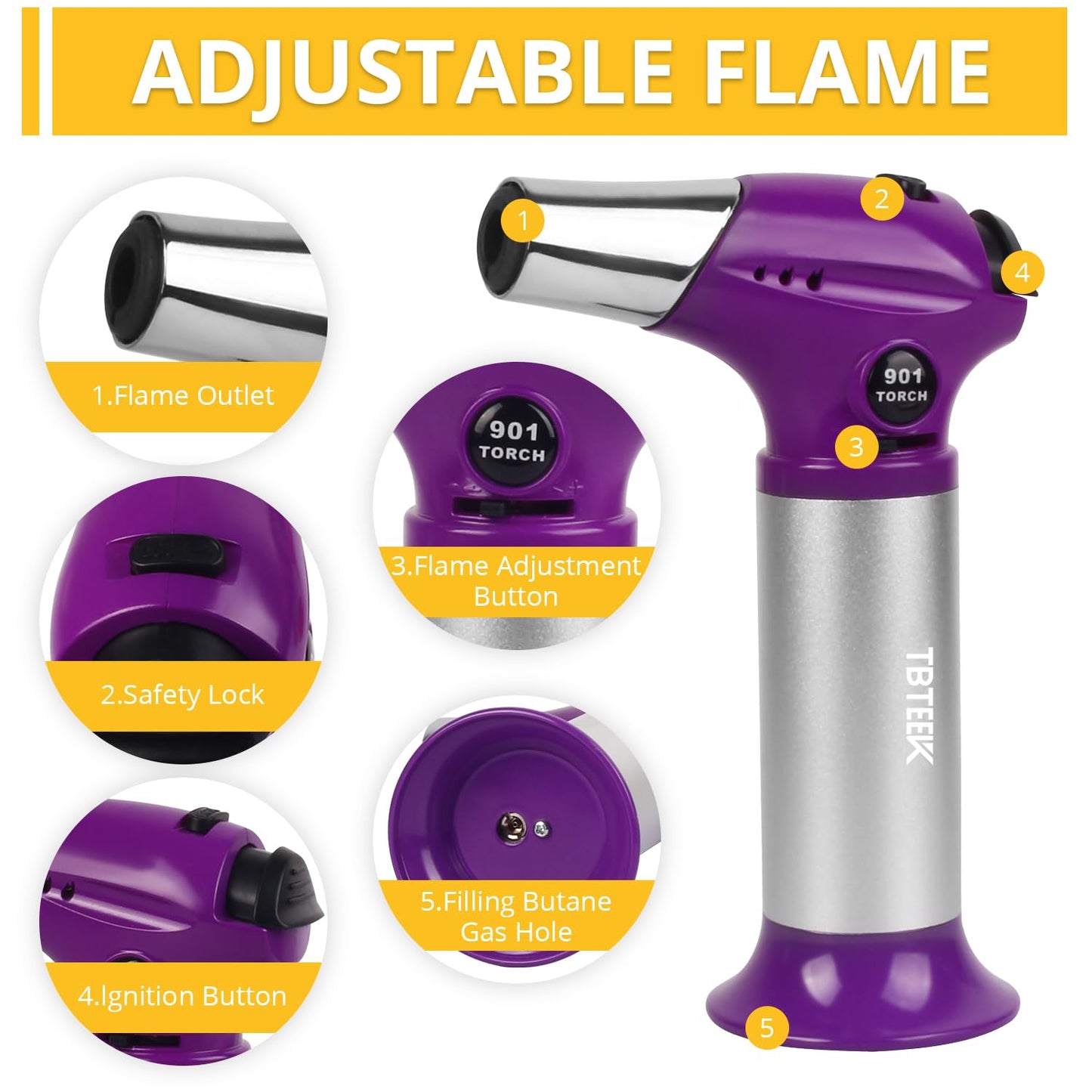 TBTEEK Butane Torch T901, Kitchen Torch Cooking Torch with Safety Lock & Adjustable Flame for Cooking, BBQ, Baking, Brulee, Creme, DIY Soldering(Butane Not Included), Purple