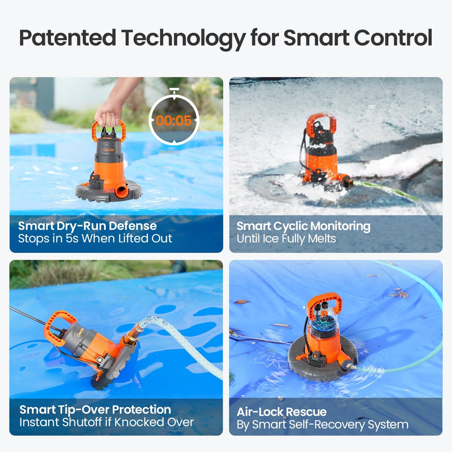 Cleartide Smart Automatic Pool Cover Pump, 1/3 HP 2790 GPH with Auto On/Off & Freeze Protection, Pump for Inground/Above Ground Winter Pool Covers, Dual Mode, 25ft Cord, 120V AC