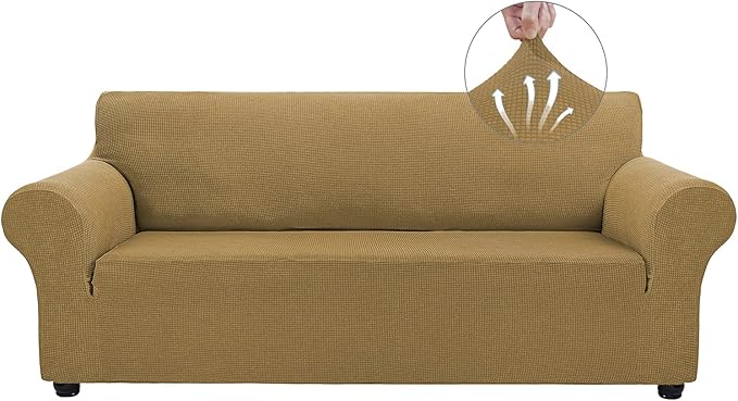 Asnomy Couch Covers for 3 Cushion Couch Stretch Sofa Covers Slipcovers, Pet Protector Furniture Covers for Dogs Cats Spandex Jacquard Fabric Small Checks （X-Large，Light Brown）