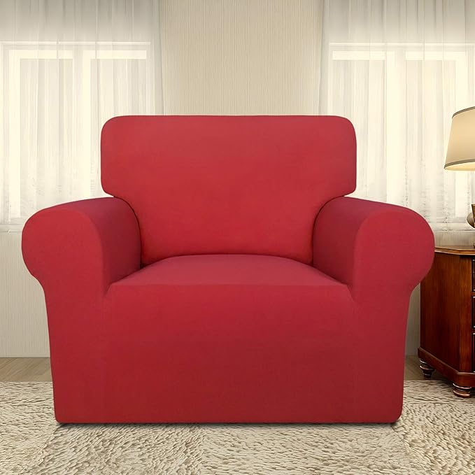 PureFit Super Stretch Chair Sofa Slipcover – Spandex Non Slip Soft Couch Sofa Cover, Washable Furniture Protector with Non Skid Foam and Elastic Bottom for Kids, Pets （Chair, Red）