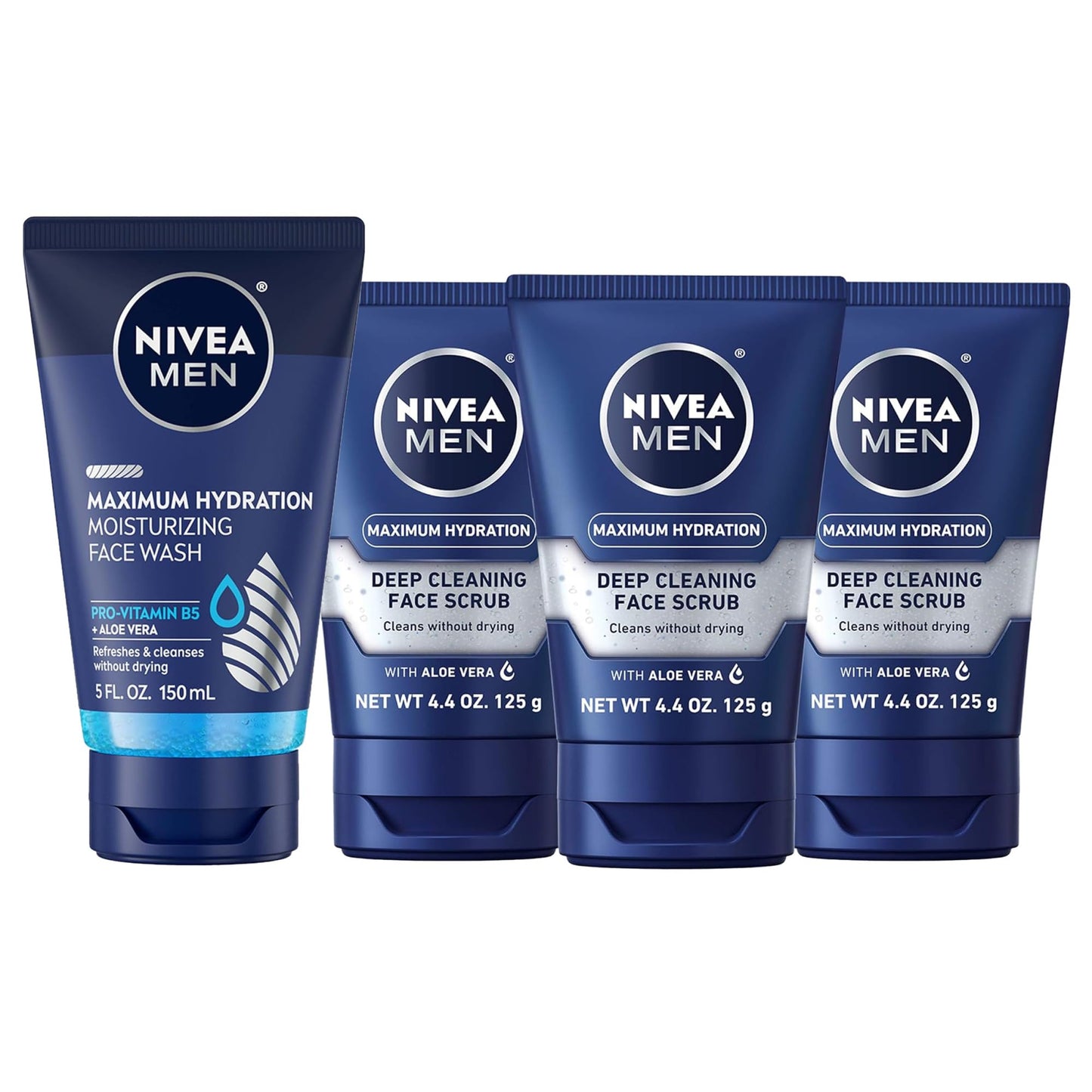 NIVEA MEN Maximum Hydration Moisturizing Face Wash (5 Fl Oz) + Maximum Hydration Deep Cleaning Face Scrub (3 x 4.4 Oz), Skin Care Set for Men with Aloe Vera