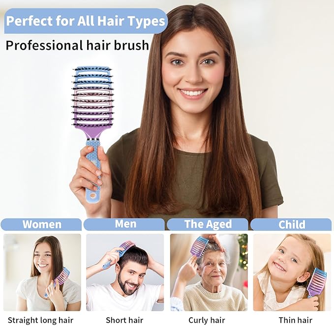 Boar Bristle Hair Brush Set of 2, HIPPIH Wet & Dry Hair Brushes Made by Fine Natural Boar Hair Can Adds Shine and Smoothing, Detangling Hairbrush for Women, Men & Kids' Long Curly Thick Hair