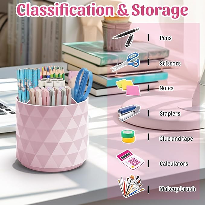 minimaliving Desk Organizer,Sparkling Diamond-like Pen Holder for Desk 360ÃÂ°Rotating Office Accessories,Pencil Cup with 5 Compartments Storage Box Caddy for Office,School,Home,Art Supply(Pink)