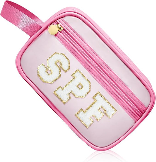 COSHAYSOO Clear Sunscreen Bag Makeup Toiletries Pouch Beach Vacation Essentials Summer Travel Stuff Accessories Personalized Graduation Gifts for Women College Teen Girls Teacher Nurse Pink SPF