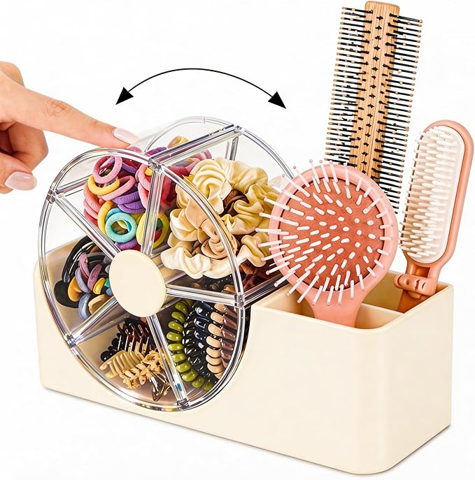 Hair Accessories Organizer for Girls, 2-Slot Hair Brush Holder & 5-Section Rotating Wheel, Cute Makeup Brush Holder for Hair Tile, Clip, Makeup Brush, Earring, Ring, Kids Vanity Accessories (Cream)